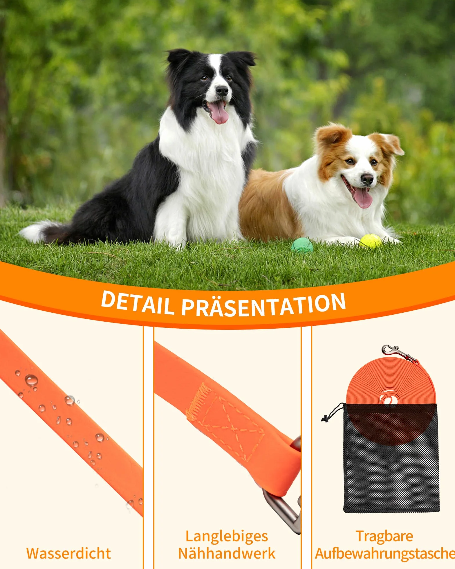 Toozey Guinzaglio da Addestramento Impermeabile per Cani, 5m/10m/15m/20m – Lunga, Robusta e Resistente con Maniglia e Moschettone, Perfetta per Cani di Taglia Piccola e Grande, Arancione Neon