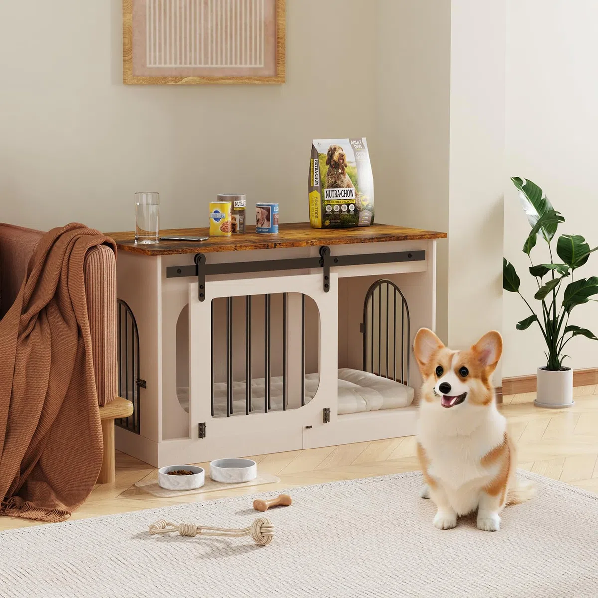 Gabbia per Cani Mobile 100 cm, XL Cassa per Cani da Casa con 3 Porte Scorrevoli, 100x60x69cm, Bianco & Marrone