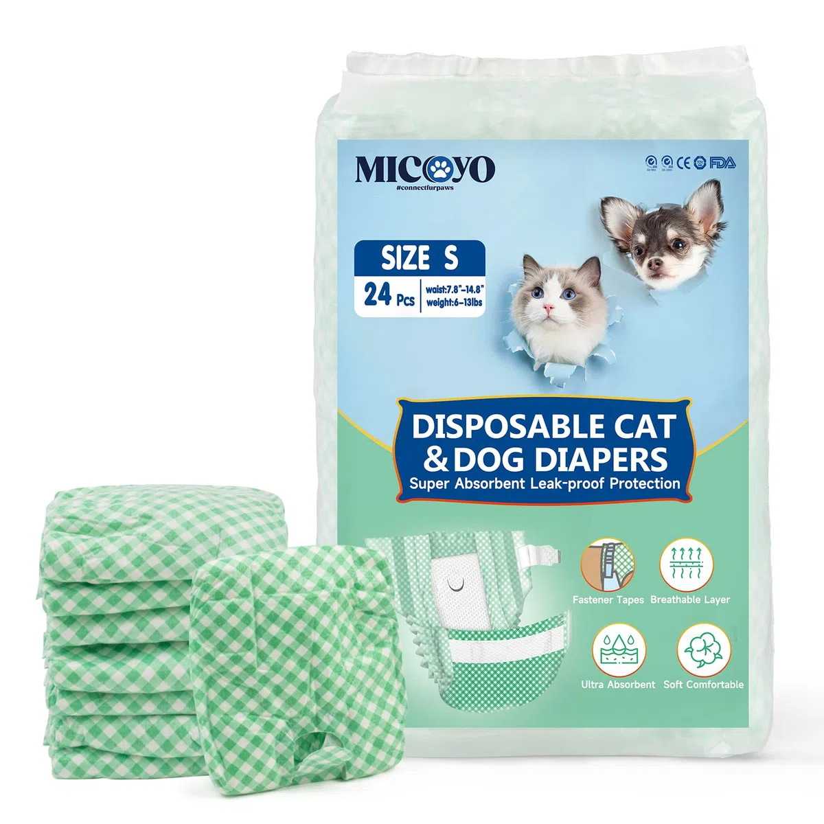 MICOOYO Pannolini usa e getta per gatti e gatti, super assorbenti per gatti di piccola taglia, cani femminili, pannolini usa e getta per gatti femminili in calore (verde, S)