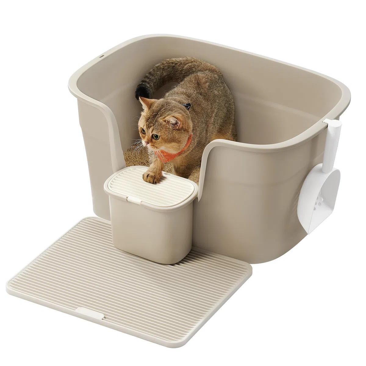 Feandrea Lettiera per Gatti in Casa, Extra Larga con Lati Rialzati, con Tavola Raccogli Lettiera, Scatola Portaoggetti, Paletta, per Più Gatti di Taglia Grande, Beige Cappuccino PPT003K01