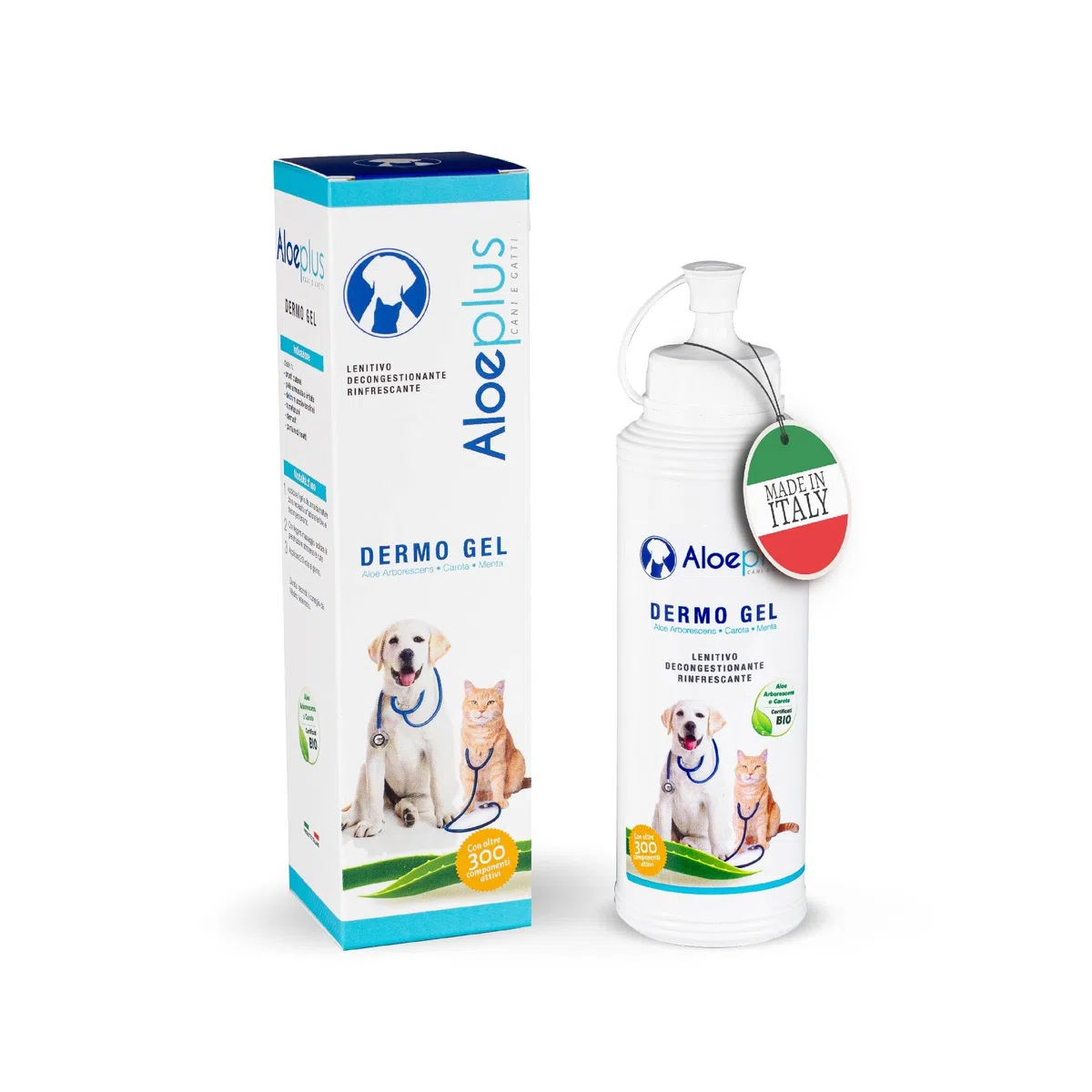 Aloeplus Dermo Gel 200 ml. per Cani e Gatti - Lenitivo e decongestionante con Aloe arborescens Italiana. - Ideale per dermatiti, arrossamenti, prurito, punture di Insetti