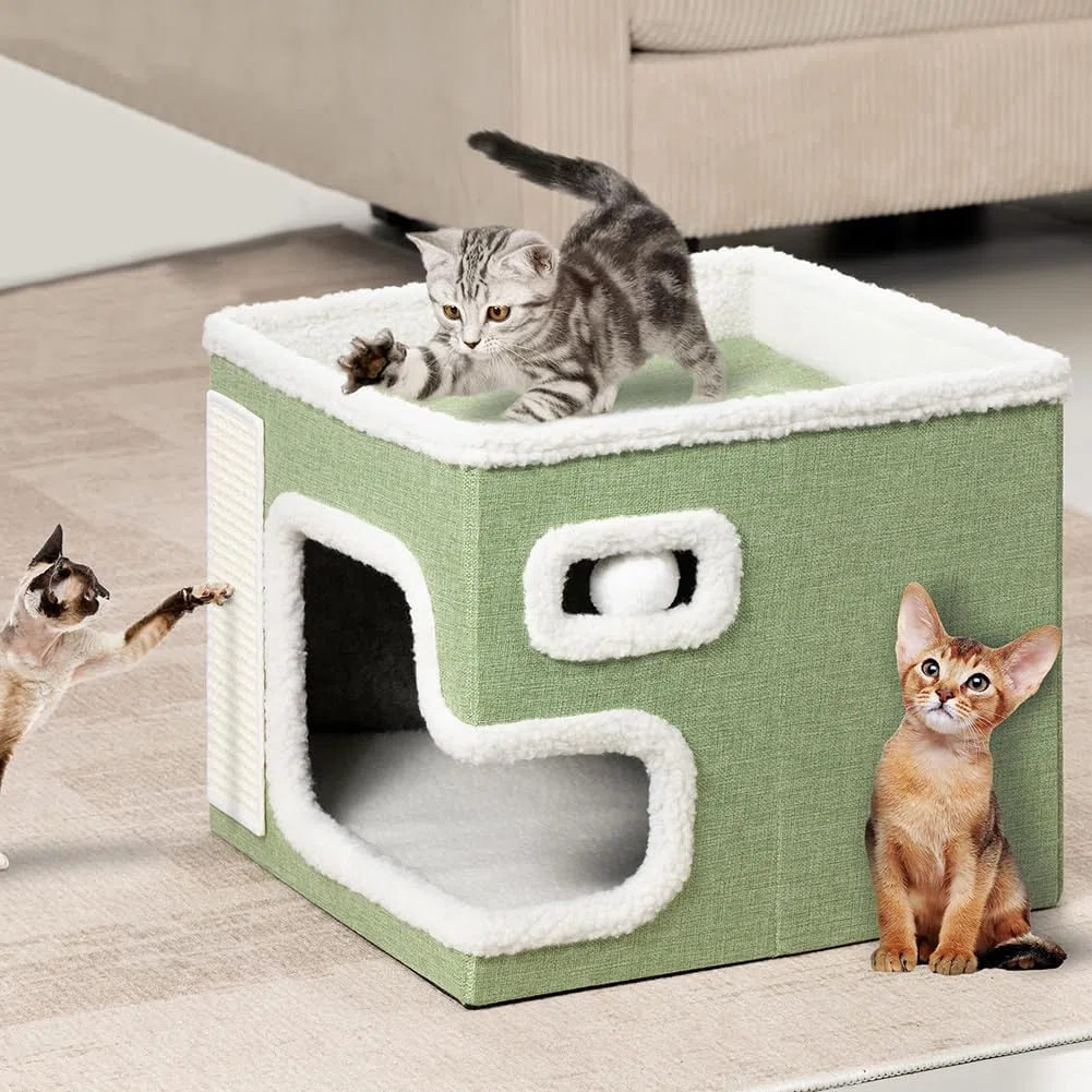 BAKAJI Cuccia per Gatti pieghevole con Grande Ingresso, Casetta Rifugio per Animali Domestici, Tiragraffi in Poliestere Caldo e Imbottito, Cuccetta Graffiatoio Base Antiscivolo 42x42x33 cm (Verde)