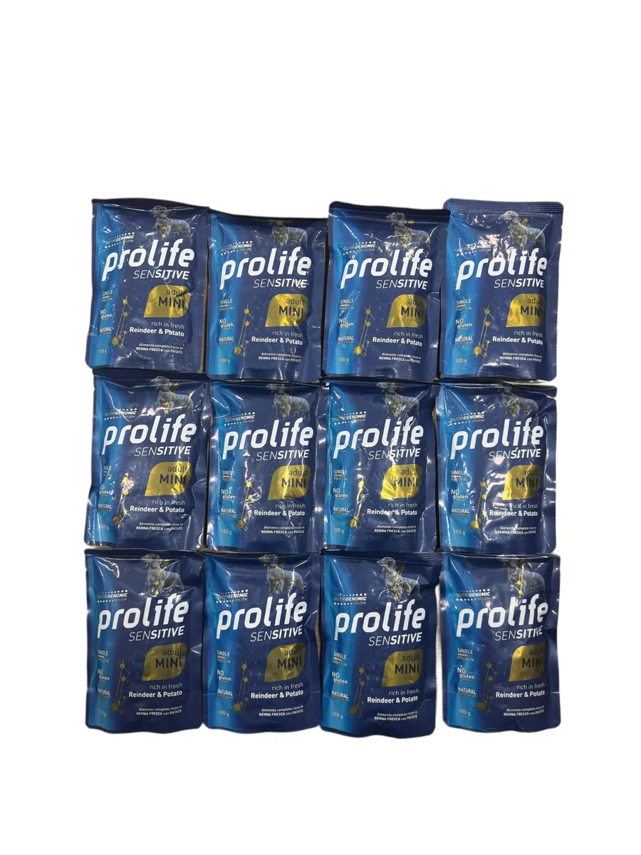 Prolife Umido Cane Sensitive Adult Mini, alimento completo per cani adulti di tutte le taglie, gusto RENNA FRESCA e PATATE 100g | 12 bustine da 100 grammi l'una.