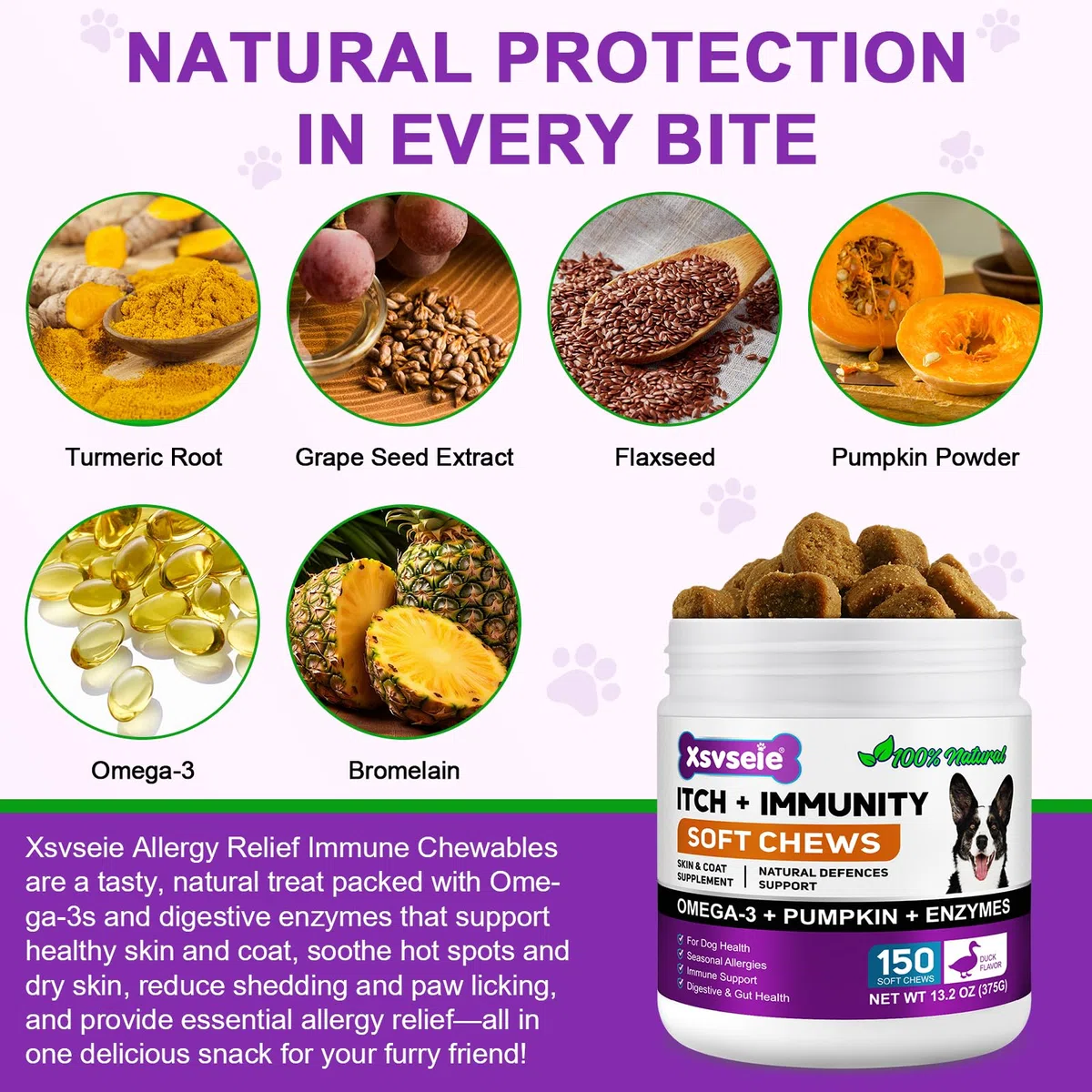 Allergie Relief Dog Treats,150 Pezzi Prurito per la Pelle del Cane Che Mastica, Smetti di Prurito, Leccare, Graffiare, Allergie Stagionali, per Tutte Le Razze e Dimensioni di Cani,Anatra