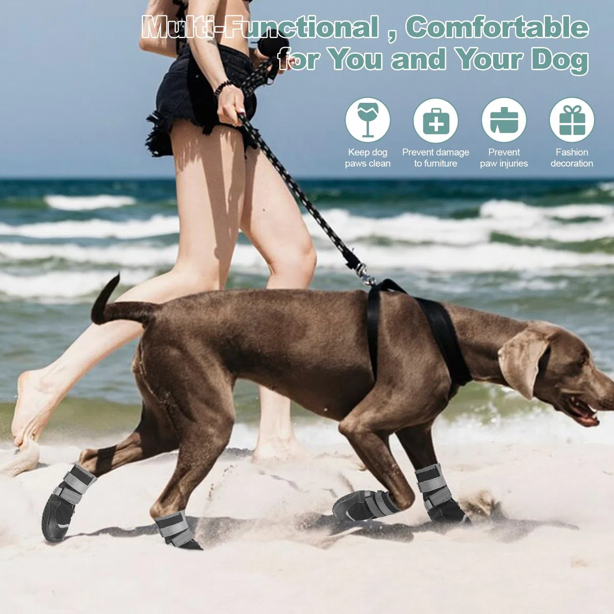 Ohcozzy Impermeabili Scarpette Cane, Stivali per Cani Antiscivolo con Cinturini Riflettenti, Resistenti All'usura, Suola in Gomma Protezione Zampe Cane per Piccoli Medi Grandi 4 Pezzi(XL,Nero)