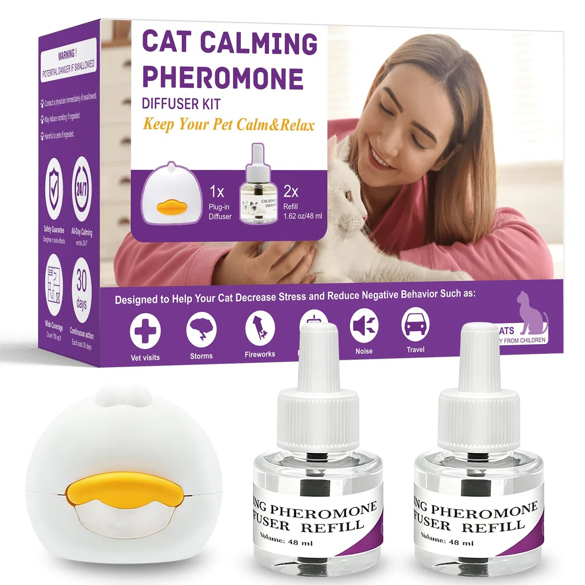 Diffusore di Feromoni Calmanti per Gatti, 1 Diffusore + 2 Ricariche (48ml Ciascuna), 60 Giorni di Effetto Duraturo, Senza Farmaci e Inodore, Allivia Ansia, Riduce Litigi, Frena Urinazione e Graffi