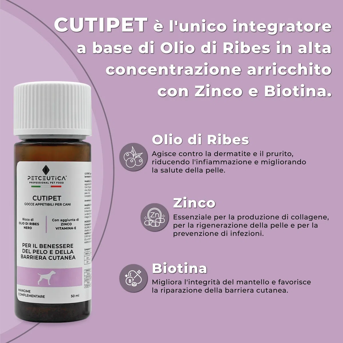 PETCEUTICA CUTIPET Integratore per Pelo Cane 50 ml, Olio di Ribes Nero, Zinco, Biotina, Gocce, Bianco, Made in Italy, con Siringa Dosatrice