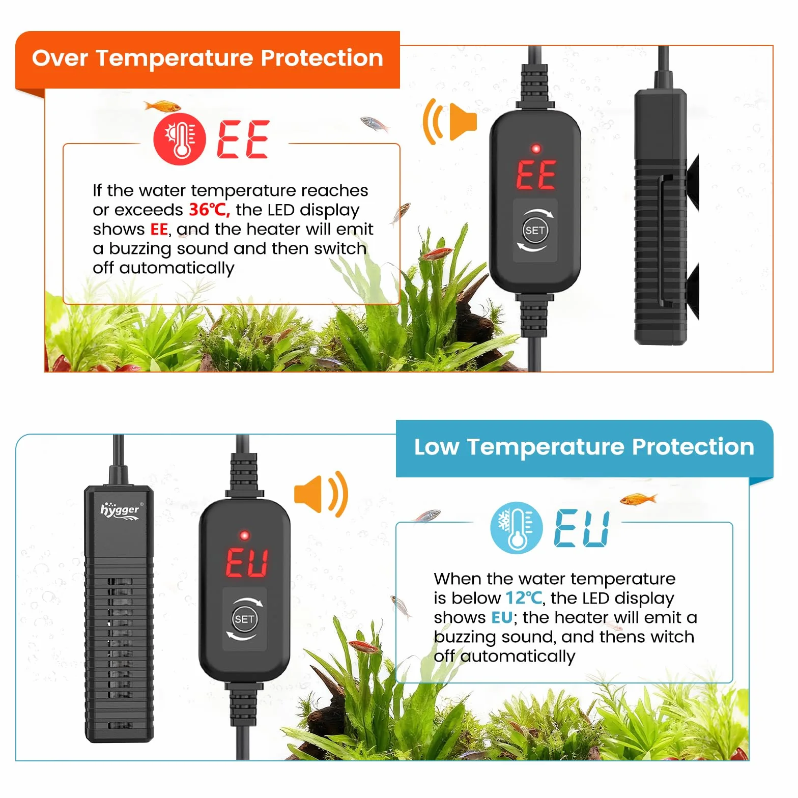 hygger Mini Aquarium Heater, 50W Riscaldatore per Acquario con Display Digitale, Regolatore di Temperatura Regolabile Sommergibile Fish Tank Heater for 19-38L Betta Turtle Tanks