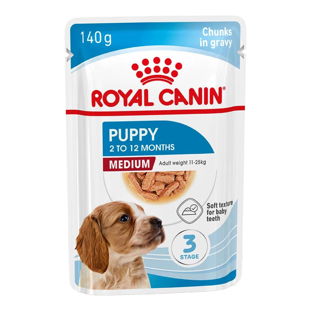 Royal Canin Medium Puppy | 10 x 140 g | Cibo umido per cani di taglia media | Fino a 12 mesi di età | Per il supporto cerebrale | Bocconi in salsa