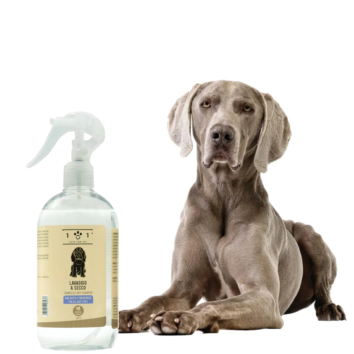 Shampoo a Secco Naturale per Cani - Lavaggio Senza Bisogno di Acqua o Risciacquo - Ingredienti di Origine Vegetale - per Tutti i Tipi di Pelo, Linea 101 (500ml)