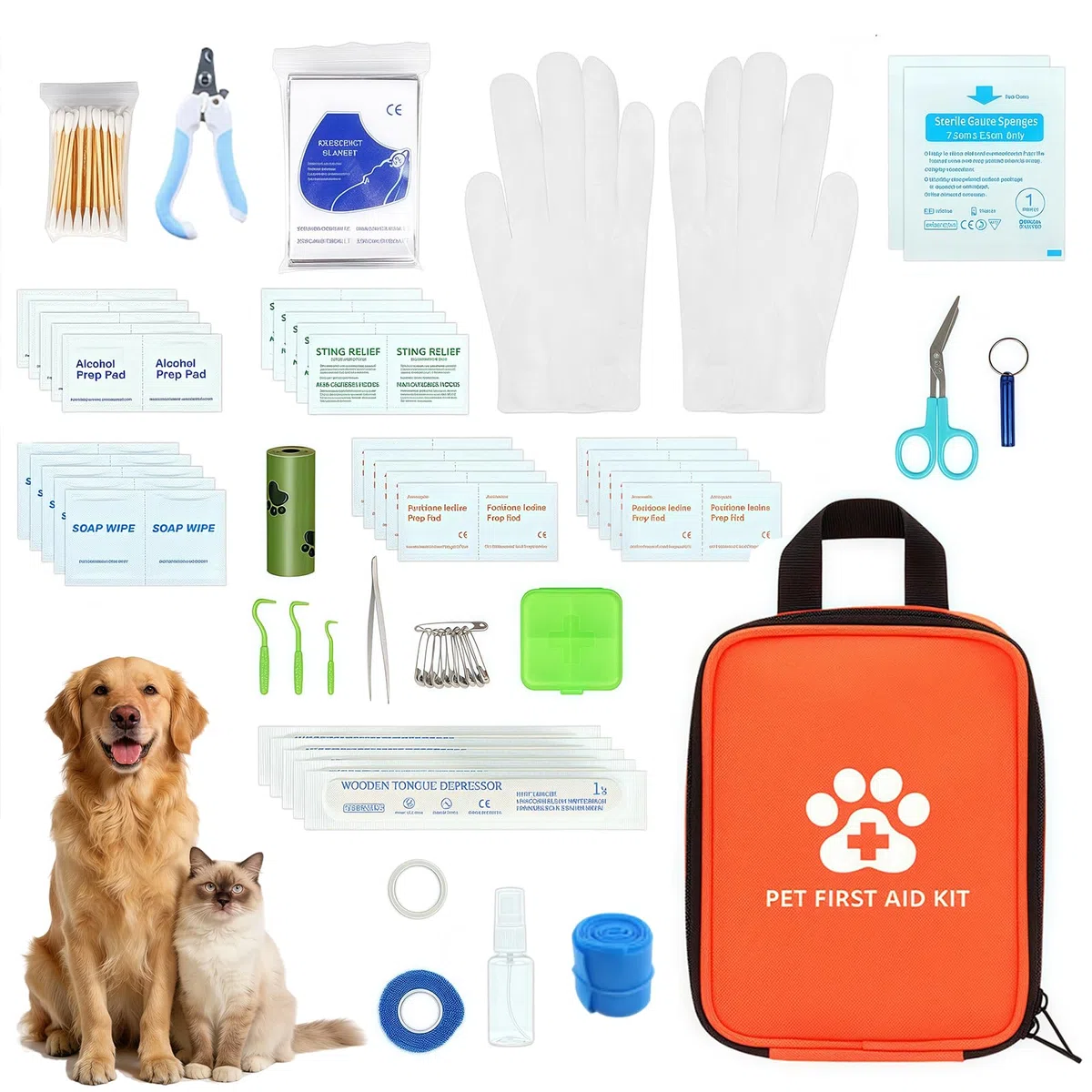 Esoes Kit di primo soccorso per cani e gatti [128 pezzi] kit di primo soccorso per animali di piccola taglia, kit di emergenza per cani e gatti, ideale per animali domestici, a casa durante le
