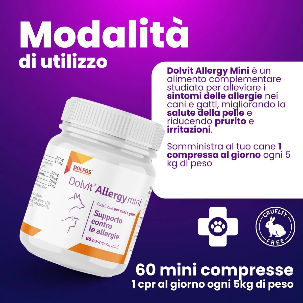 Dolvit Allergy Mini 60 Compresse - Integratori per Cani Naturali - Sollievo da Prurito Cane e Allergie Stagionali - Contrasta Dermatite Cane con formula Sicura e Naturale