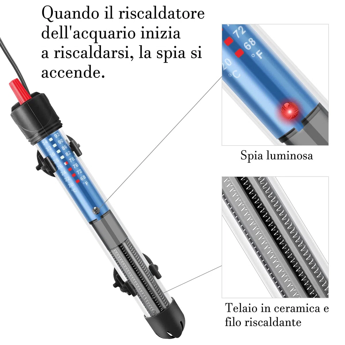 Riscaldatore per Acquario 25W 50W 100W 300W, Riscaldatore Sommergibile in Vetro per Acquari da 5L-300 Litri per Pesci e Tartarughe (50W)