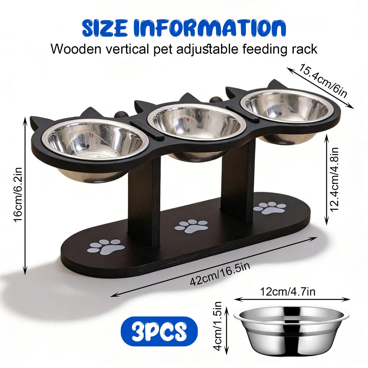 GOMETY Ciotola per gatti 3 in 1, rialzata, set da 3 pezzi, con 3 ciotole in acciaio inox, altezza regolabile, con supporto in legno, ergonomica, per cani (nero)