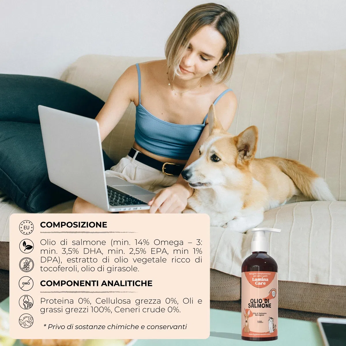 Olio di Salmone per Cani e Gatti per Articolazioni Forti e Pelle Sana, Olio Salmone per Cani Arricchito con EPA, DHA, Omega 6 e Omega 3 Cane, Appetizzante per Cani Naturale e Norvegese