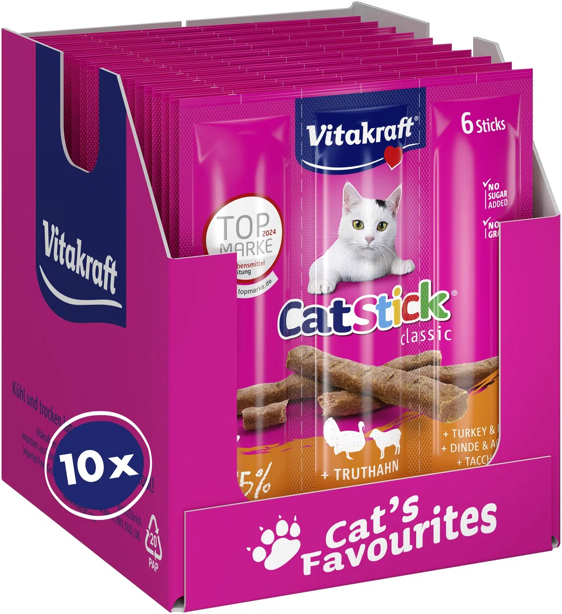 Vitakraft Cat Stick Classic, snack gatto, bastoncino con carne, con tacchino e agnello, confezione scorta, senza zuccheri aggiunti (10x 36g)