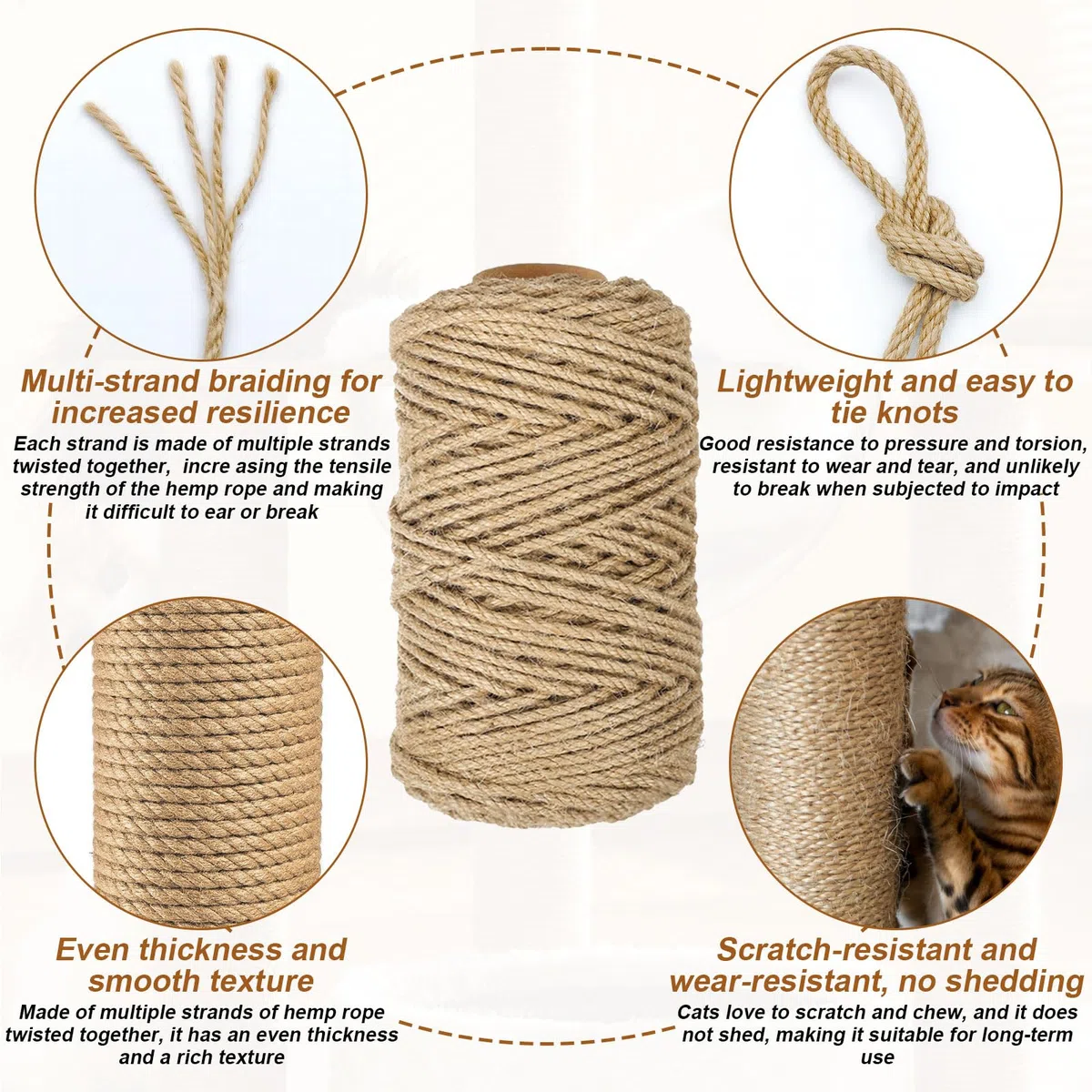 Corda Tiragraffi per Gatti in Juta Naturale 100m x 6mm Corda di Sisal per Gatti, Refil per Tiragraffi Fai da Te per Arrampicata per Casa e Giardino Decorazioni