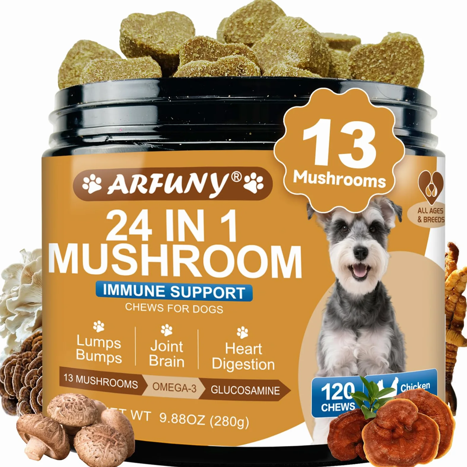 24 in 1 Funghi per Cani – Snack Masticabili ai Funghi con 13 Funghi, Beta-Glucani, Glucosamina, MSM, Vitamine – Supporto per Sistema Immunitario, Articolazioni, Pelle, Digestione – Gusto Pollo