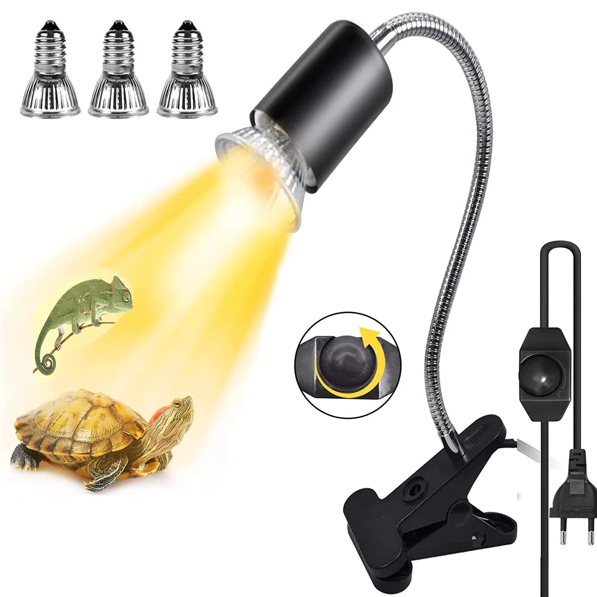 Lampada riscaldante per rettili, lampada riscaldante per tartarughe, lampada riscaldante UVA UVB, 3 lampadine di diversa potenza e morsetto girevole a 360°.
