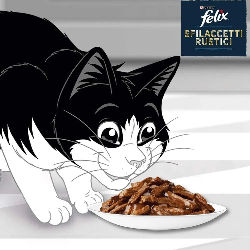 Felix Purina Sfilaccetti Rustici Cibo Umido per Gatti con Manzo, Pollo, Tonno e Salmone 48 buste da 80g