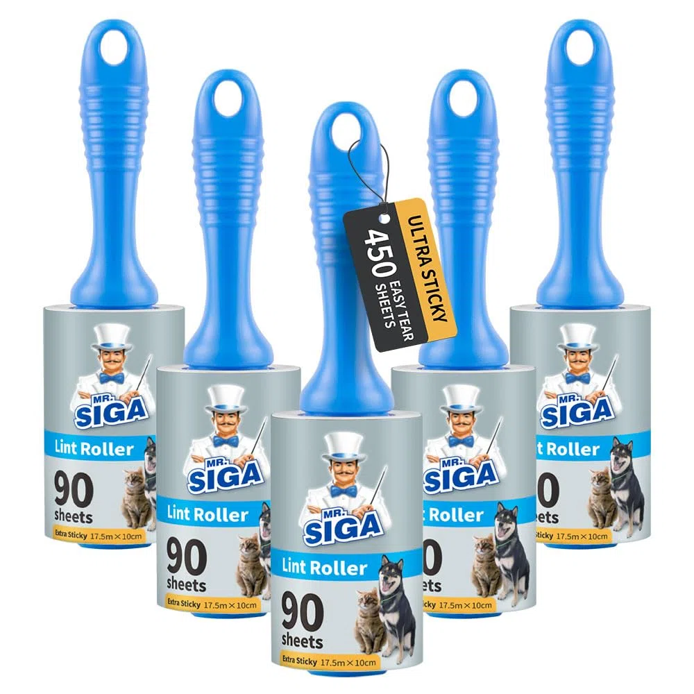 MR.SIGA Rimozione peli extra appiccicosi del rullo per animali domestici con fogli facili da strappare, 450 fogli in totale, confezione da 5, blu