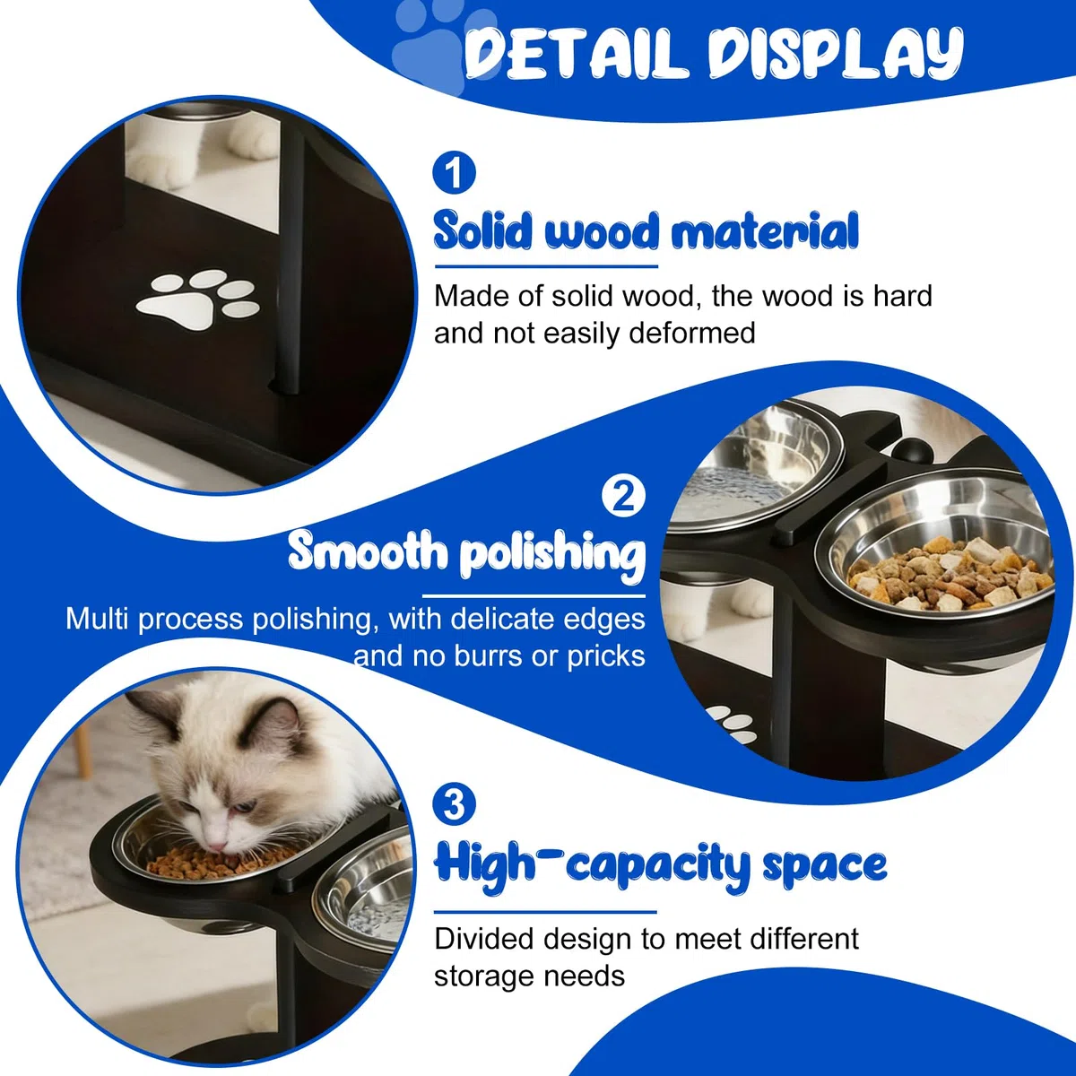 GOMETY Ciotola per gatti 3 in 1, rialzata, set da 3 pezzi, con 3 ciotole in acciaio inox, altezza regolabile, con supporto in legno, ergonomica, per cani (nero)