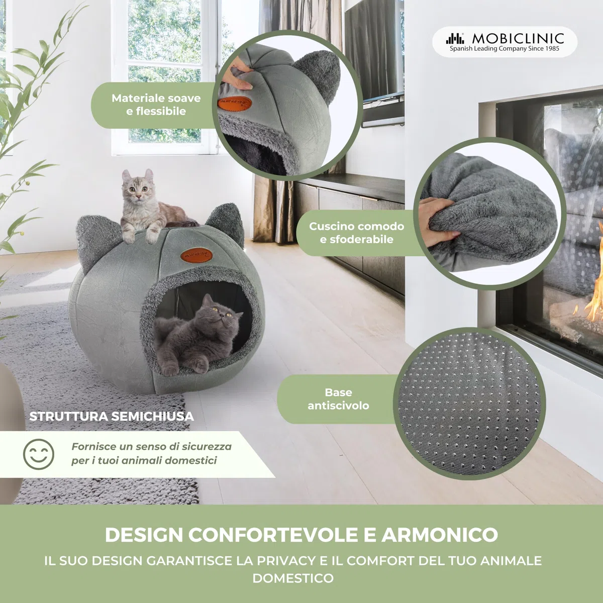 Mobiclinic® pets, Letto per gatti, Cova nido, Hellocatty, Morbido, Lavabile in lavatrice, Facile da piegare e riporre, Antiscivolo, Cuscino confortevole rimovibile, Spugna 25d, Design moderno