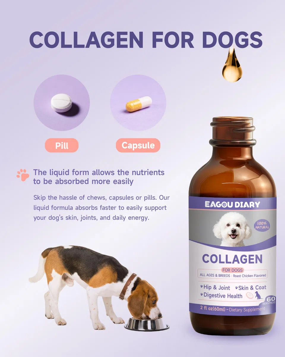 Eagou Diary Collagene per Cani - Supporto per Articolazioni e Flessibilità, Salute della Pelle e del Pelo, Glucosamina, MSM, Olio di Cocco, Vitamina C E, Biotina - Supporto Sistema Immunitario, 60ml