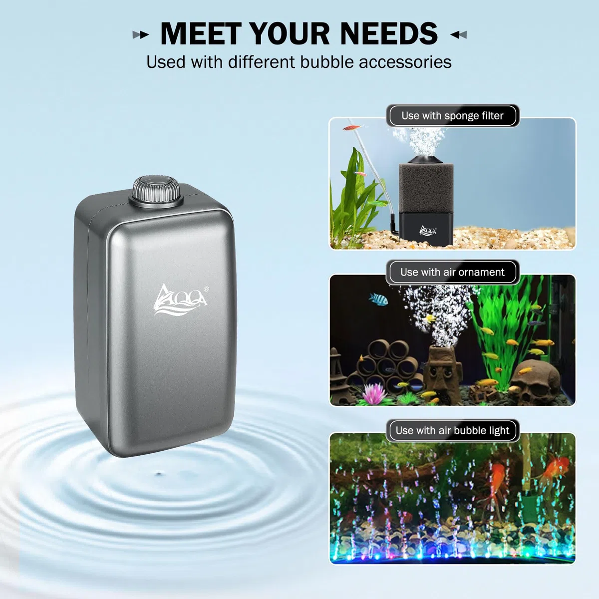 AQQA Ossigenatore per Acquario, ≤ 35dB Ultra-silenziosa Aeratore Acquario, 6W Pompa Aria per Acquario con Tutti Gli Accessori per Acquari da 10-380 Litri di Pesci