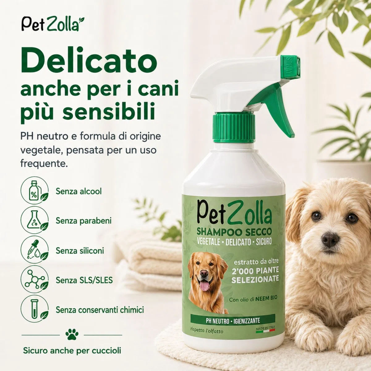 Shampoo secco per cani senza risciacquo 750 ml Idrata e igienizza, Shampoo a secco per cani naturale con olio di neem, argan e timo, sicuro anche per cuccioli - Made in Italy