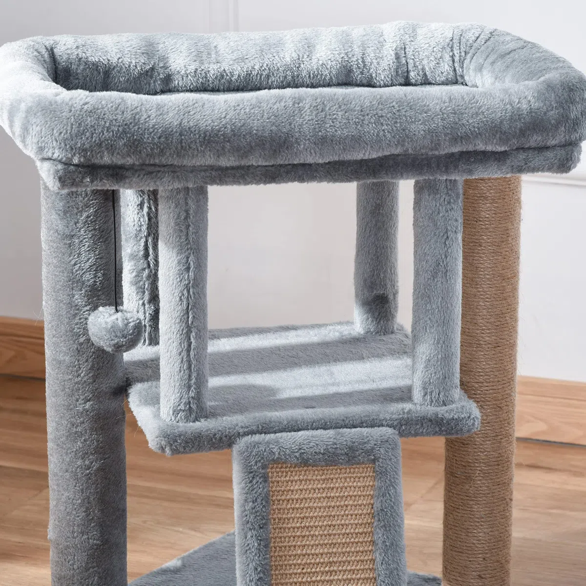 PawHut Albero Tiragraffi per Gatti Multilivello in Peluche con Casetta per Gatti e Lettino, Palestra per Gatto Tiragraffi in Juta e Pallina, Grigio