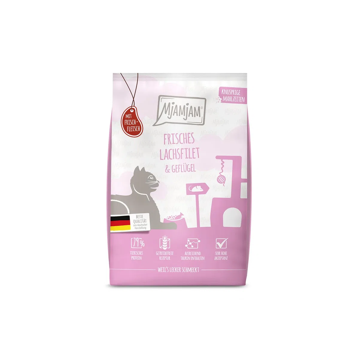 MjAMjAM - Crocchette premium per gatti - Pasti croccanti - Filetto di salmone fresco e pollame, confezione singola (1 x 1,5 kg), senza cereali