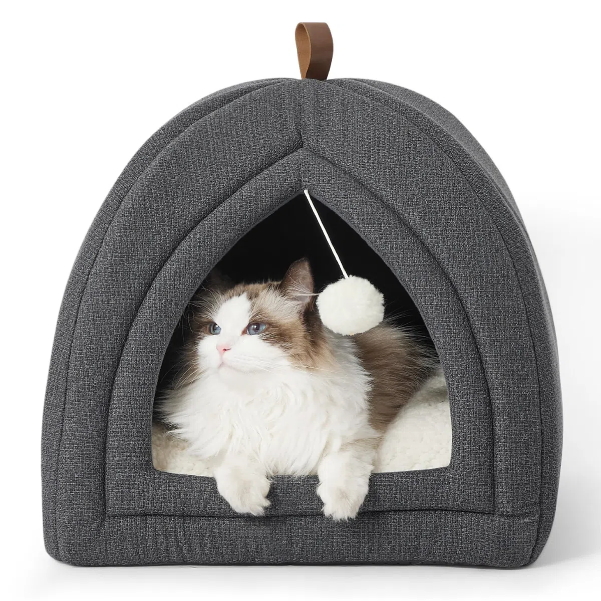 Bedsure Cuccia Gatti Tana Gatti - 40 x 40 x 40 cm Casa per Gatti da Interno con Cuscino Sherpa Rimovibile e Giocattolo Appeso, Cuccia Lavabile, Grigio Scuro