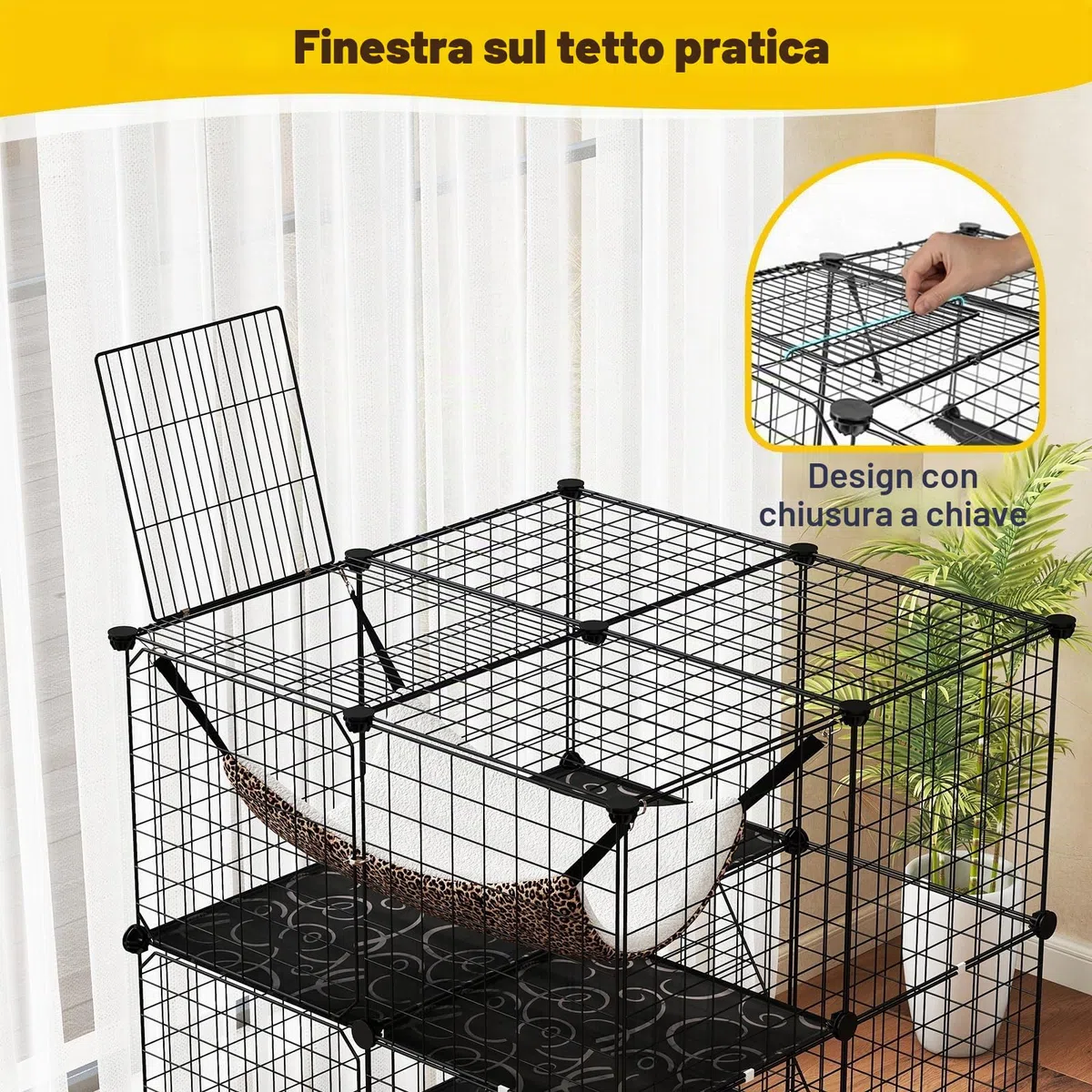 FANTASK Gabbia in filo metallico a 3 piani, grande gabbia per gatti con lucernario, amaca, 2 scale e 3 porte, canili rimovibili, recinto per gatti piccoli animali interni, 74 x 74 x 107 cm (nero)