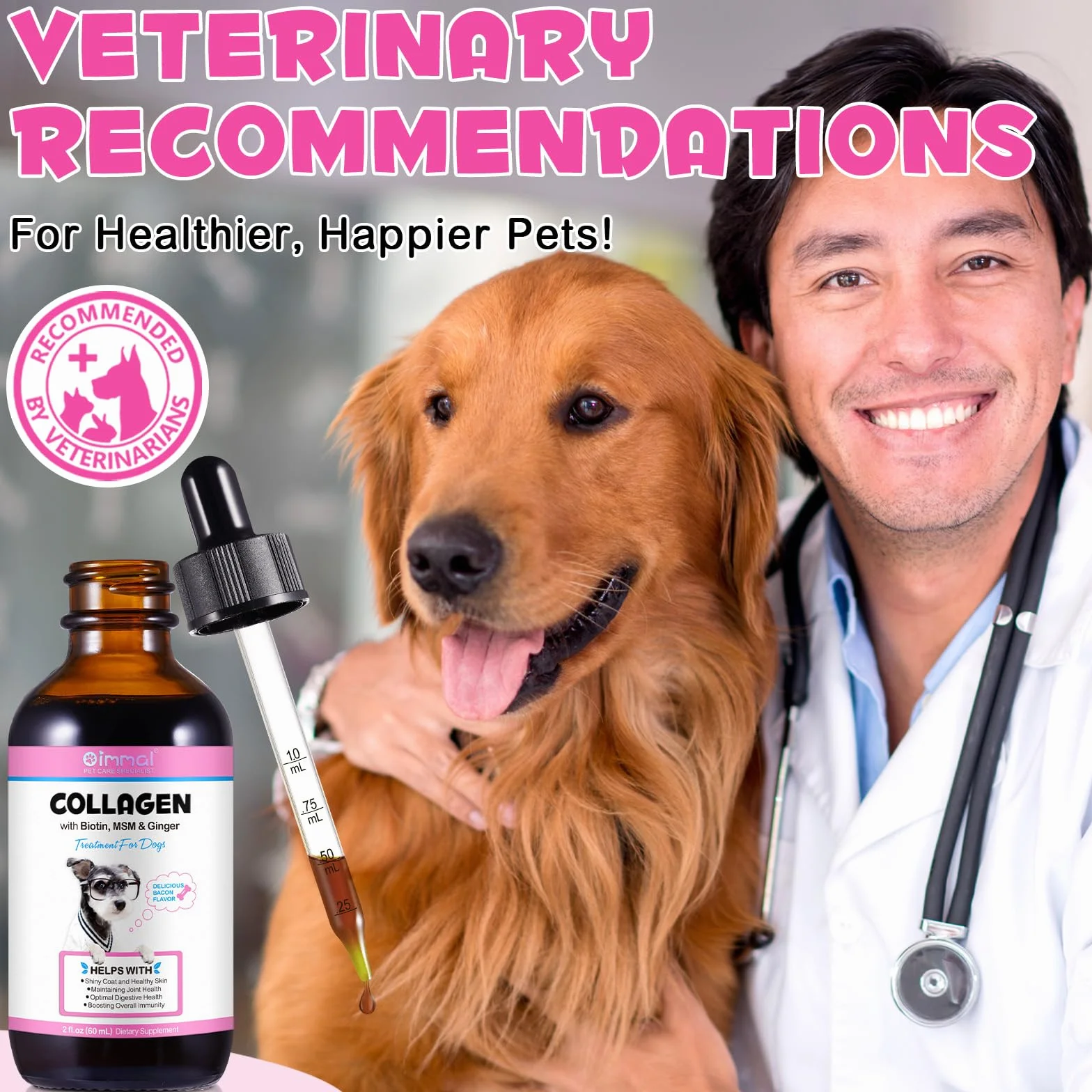 Collagene per Cani, Gocce di Collagene per Cani 60 Ml, Potenziamento del Collagene, Ricco di Biotina, Aiuta La Salute della Pelle, delle Articolazioni E Dell'Apparato Digerente (1pcs, Bacon)