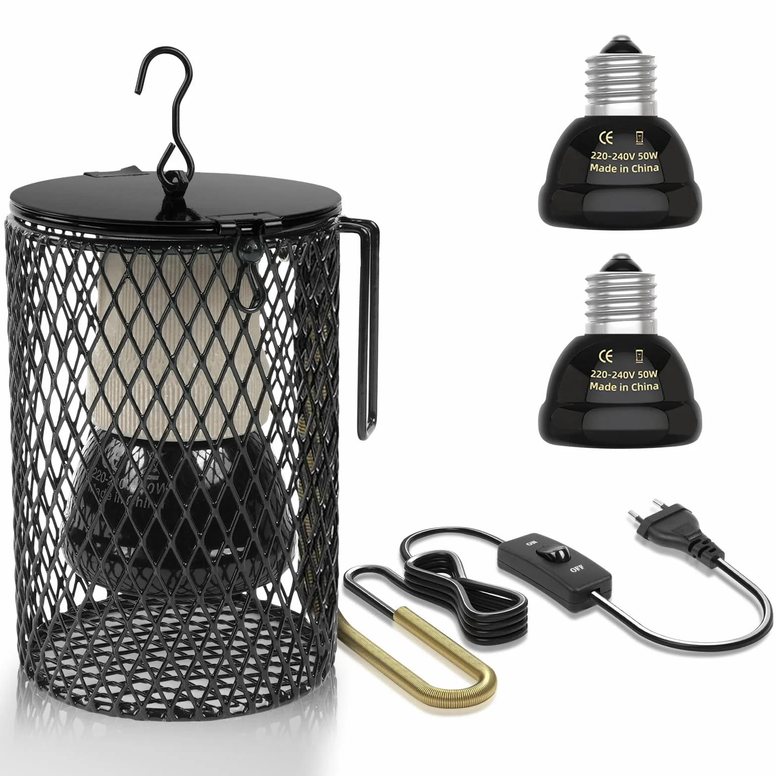 Lampada termica per tartarughe, lampada termica per rettili con cestino protettivo, confezione da 2 lampade termiche in ceramica con supporto base, temperatura regolabile, per rettili, tartarugh