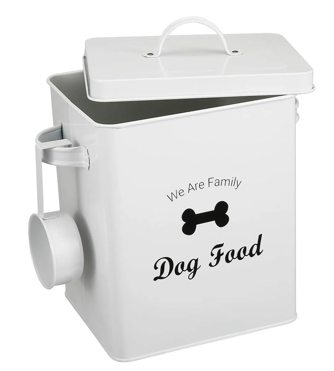 Pethiy Contenitore crocchette Cibo e Trattare per Cani, con Coperchio e Paletta, capacità 2,3 kg, Contenitore per Alimenti in Metallo per Animali Domestici-Bianco-Dog Food