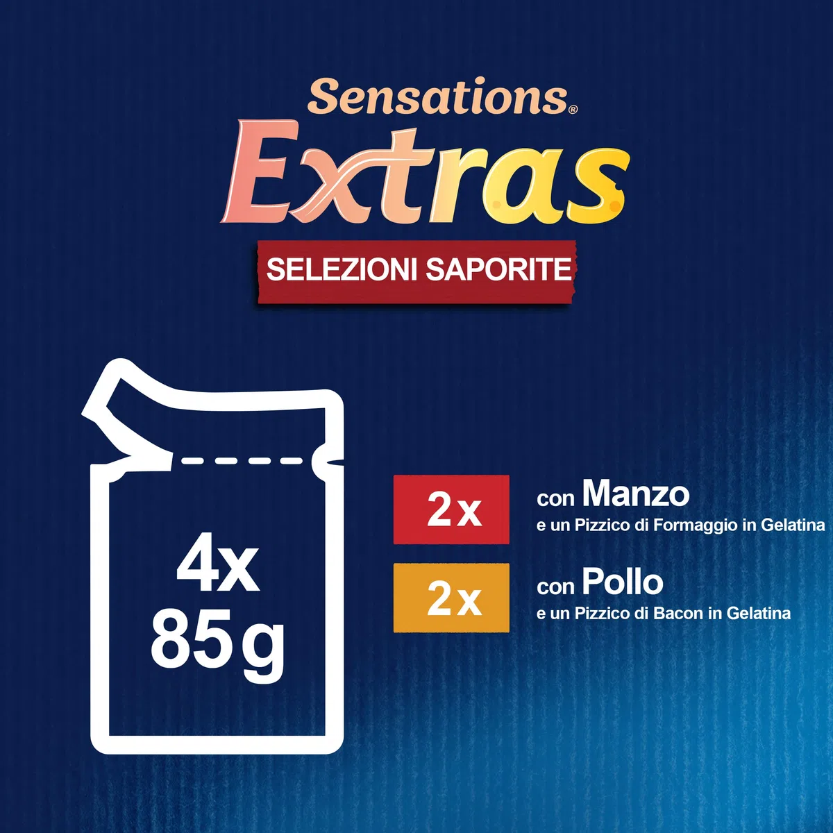 Purina Felix Sensations Extras Cibo Umido per Gatti con Manzo e un Pizzico di Formaggio e con Pollo e un Pizzico di Bacon, 48 buste da 85g ciascuna