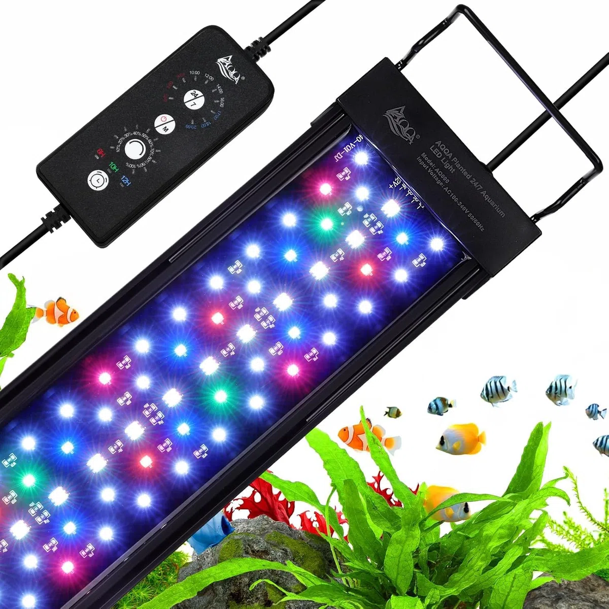 AQQA Luce LED per Acquario 12 W, Spettro Completo Modalità 24/7, Timer Regolabile, Braccio Estensibile, per Vasche 30-45 cm