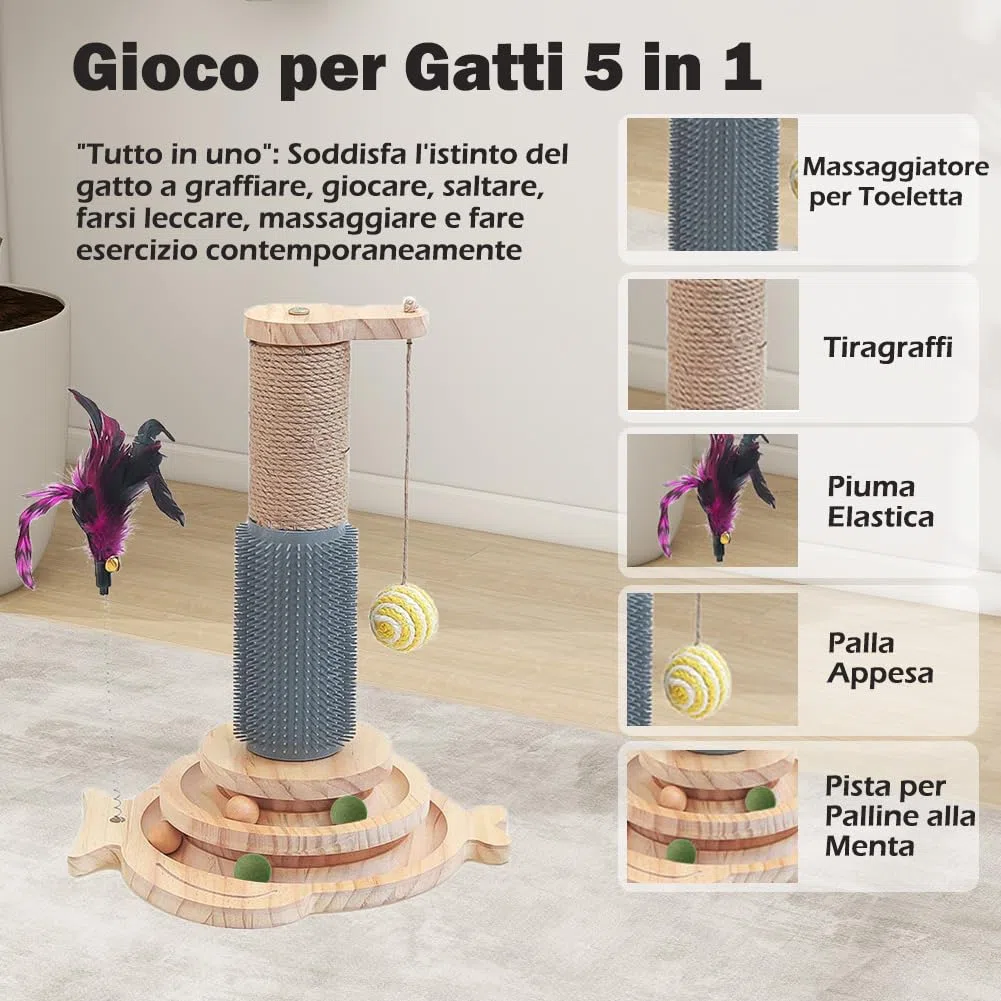 Marchul 5 in 1 Giocattolo per Gatti: Tiragraffi per Gatti in Sisal con Pettine in Silicone, Torre Giocattolo con Palla Appesa e Palla Interattiva con Piuma Elastica per Giocare al Chiuso