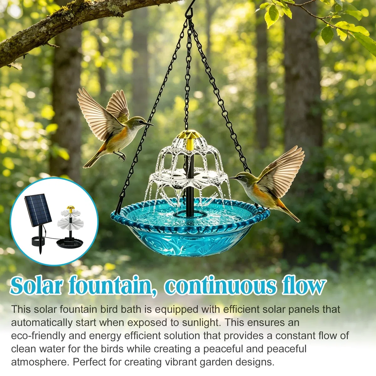 Abbeveratoio per uccelli da appendere con fontana solare, bagno per uccelli, abbeveratoio per uccelli con fontana da appendere, per giardino, balcone, terrazza, con catene in metallo, decorativo