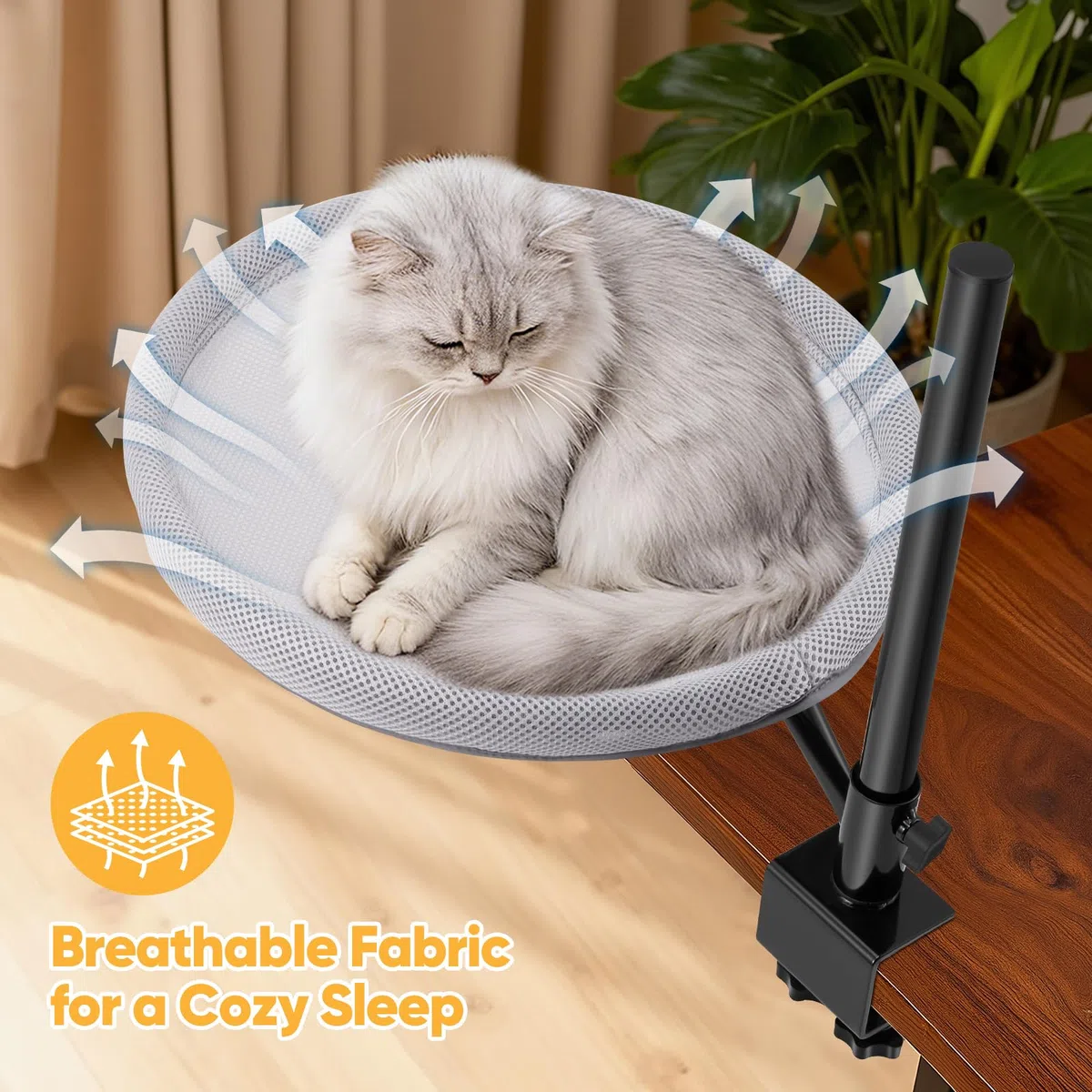 Lettino per Gatti da Scrivania, Cuccia per Gatti da Scrivania con Rotazione a 360°, Altezza Regolabile, Tessuto a Rete, Fodera Lavabile, per Ufficio a Casa, Fino a 19 kg/42lb