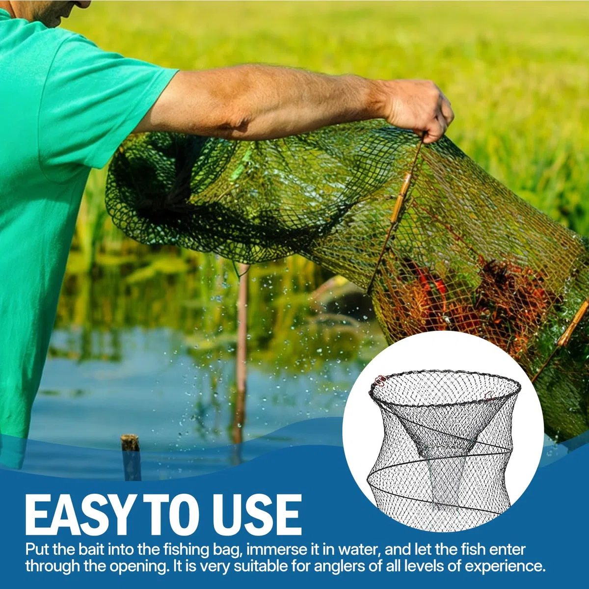 NEUSID Set di 2 reuse pieghevoli per il cancro con 4 sacchetti per mangime, 30 x 60 cm, pesci esca rotonda per pesca di granchi, gamberetti, aragosta, anguilla