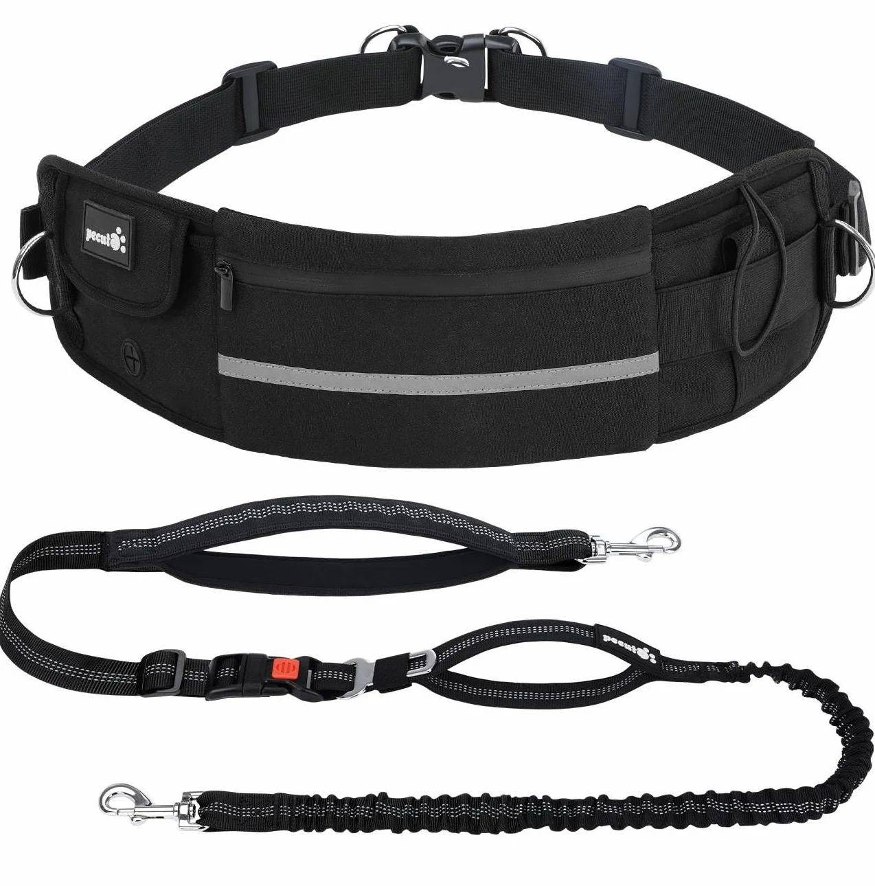 Pecute Guinzaglio Mani Libere per Cani,Guinzaglio per Cani, Camminata, Allenamento, Escursionismo, Cintura in Vita Regolabile e Custodia per l'acqua, per Corsa, Jogging,Nero