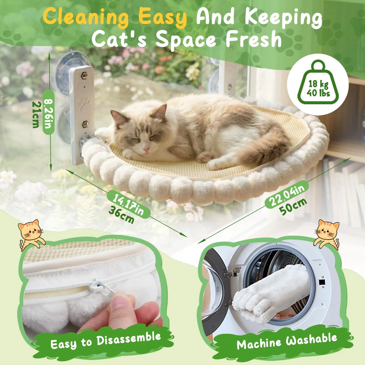 50 x 36cm Amaca per Gatti,Amaca per Gatti da Finestra,Cuccia Gatto Finestra Pieghevole,Trespolo Sdraio per Gattini,Fino a 18 kg,con Cuscino Ultra Morbido Lavabile,Per Gatto da Interno