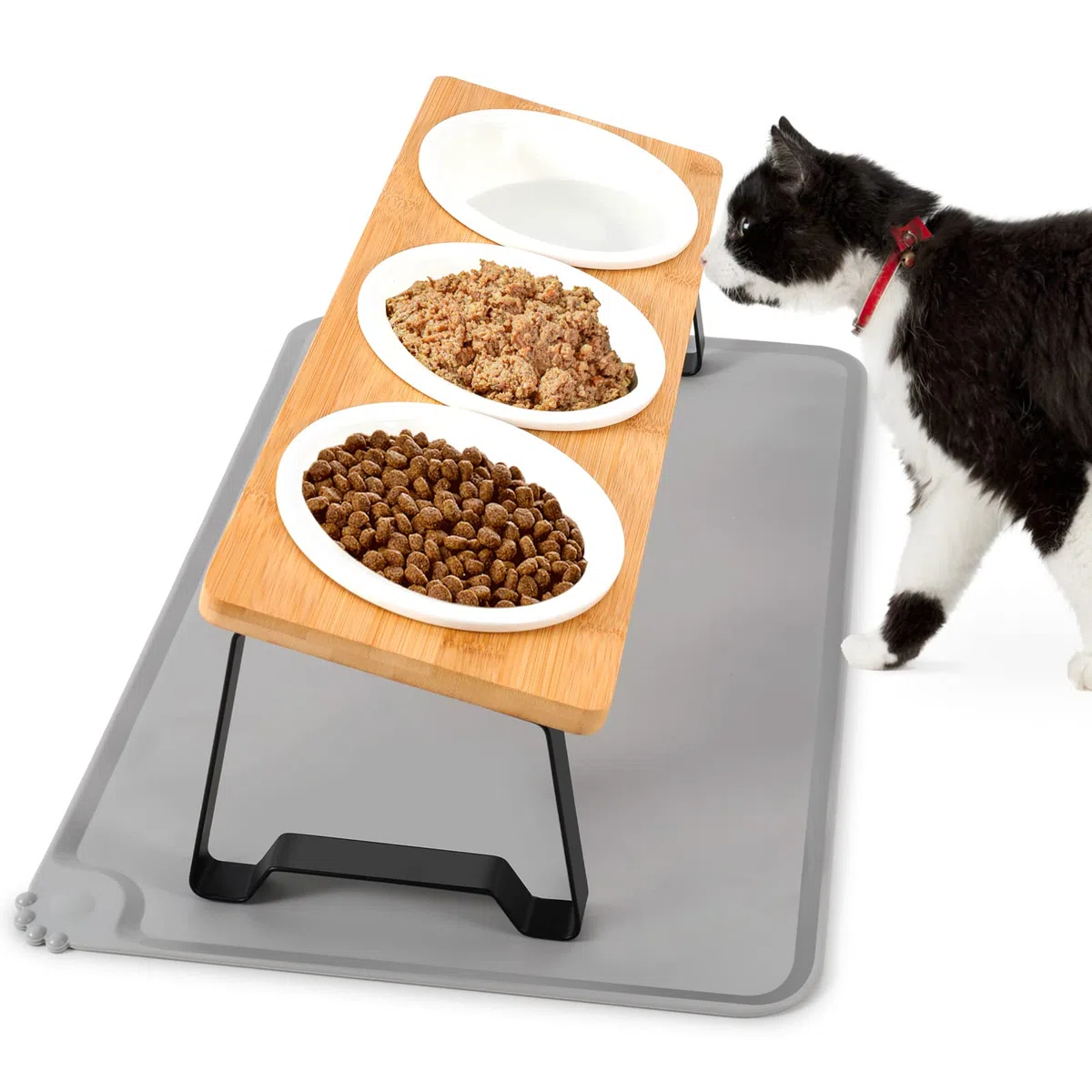 Lannvan Ciotole per Gatti Rialzate, Doppia Ciotola per Gatti e Cani in Ceramica, 15° Inclinate Set di 3 Ciotole Gatto per Cibo e Acqua con Tappetino Antiscivolo,Ciotola Gatto per Cani Piccoli,Gattini