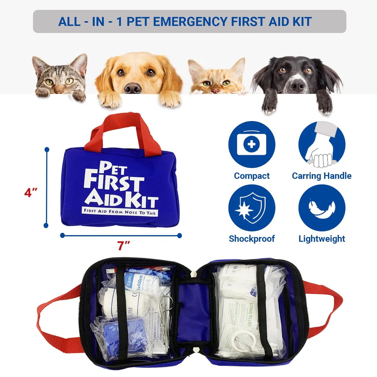 FMJI Kit di Pronto Soccorso per Animali Domestici per Cani e Gatti, 63 Pezzi Borsa di Sopravvivenza di Emergenza per Animali Domestici per Escursioni all'aperto Campeggio Emergencie