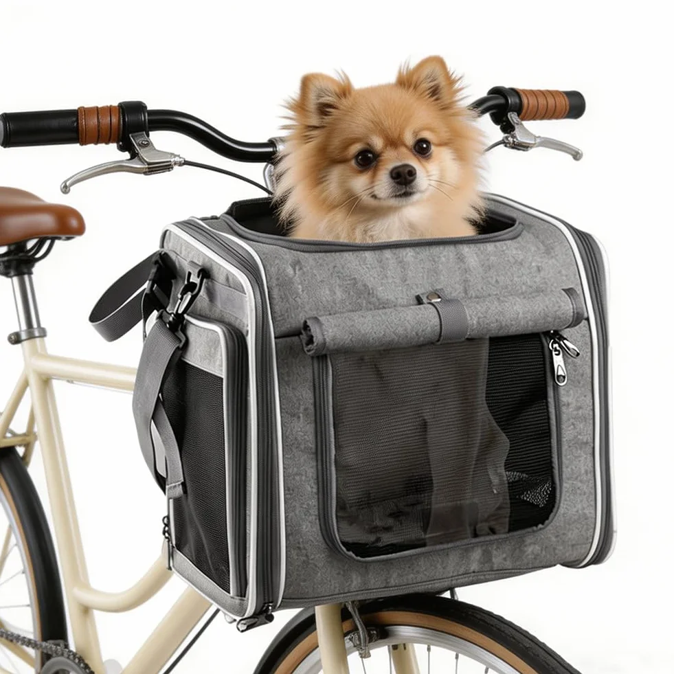 Cestino per cani per bicicletta, 4-in-1 cestino per cani espandibile per bicicletta fino a 10 kg, cestino per bicicletta, zaino e borsa a tracolla con 4 finestre in mesh, cintura di sicurezza, fondo