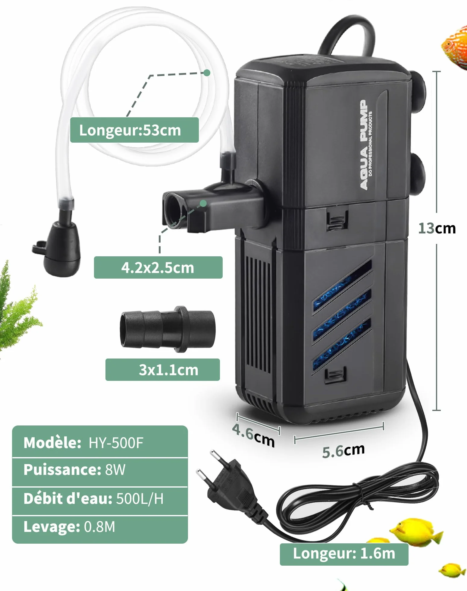 Filtro per Acquario Interno con Flusso Massimo di 500L/H 6W - Pompa Regolabile e Silenziosa per Acquari da 30L a 500L - Spugne Filtranti per Pesci e Tartarughe