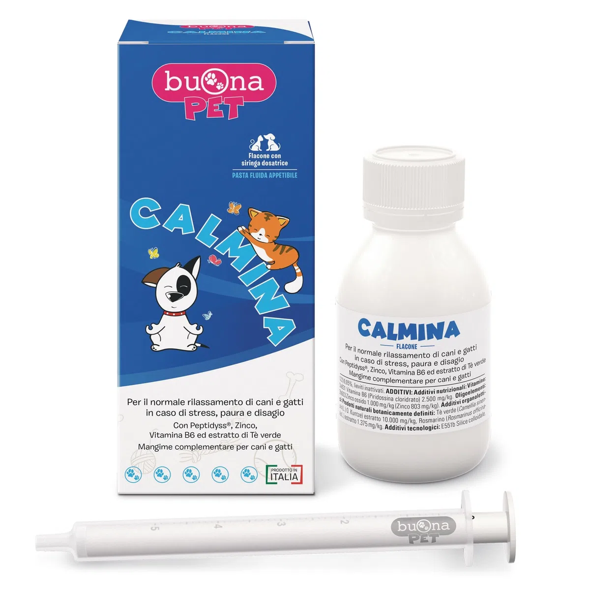 Buona Pet Calmina Mangime Complementare 60g con Siringa, Calmante per Cani e Gatti con Peptidyss®, Zinco, Vitamina B6, tè Verde e Griffonia, Rilassante per Cani e Gatti, Made in Italy